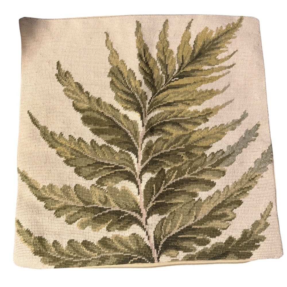 123Creations Wool Needlepoint Fern Leaf Pillow Cover Green Botanical 18x18